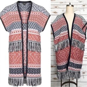 STOP Thread Boho Fringe Black And Red Vest Poncho